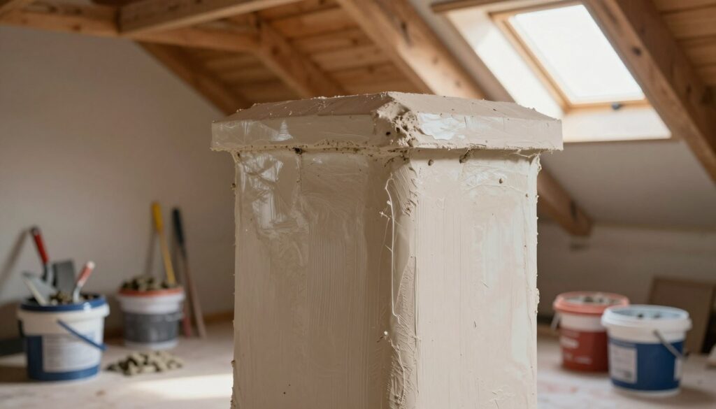 A detailed view of a chimney in an attic, showcasing its surface texture and structure, with an emphasis on the protective plaster coating being applied. In the foreground, a close-up of the chimney, revealing signs of wear and the newly applied plaster, highlighting its technical characteristics such as thickness and material composition. In the middle ground, tools like trowels and plaster buckets are neatly arranged, suggesting an ongoing project. The background features an attic setting with wooden beams and natural light streaming in through a small window, casting soft shadows. The mood is focused and industrious, conveying a sense of care and expertise in home maintenance. Use soft, warm lighting to enhance the atmosphere.