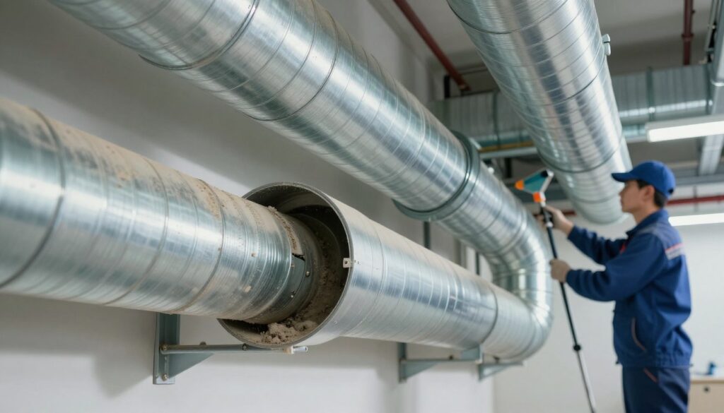A detailed view of ventilation ducts in a modern building, intricately showcasing their complex metallic structures, with some ducts appearing dusty and dirty to emphasize the impact on indoor air quality. In the foreground, include a close-up of a cross-section of a duct filled with grime and dust particles. The middle ground features a technician in professional attire inspecting the ducts with specialized cleaning tools, highlighting the practical aspect of air quality maintenance. In the background, soft ambient lighting illuminates the scene, giving a sterile yet realistic atmosphere. Use a wide-angle lens perspective to capture both the intricacies of the ducts and the technician’s interaction with them, conveying a sense of urgency for proper ventilation cleaning.