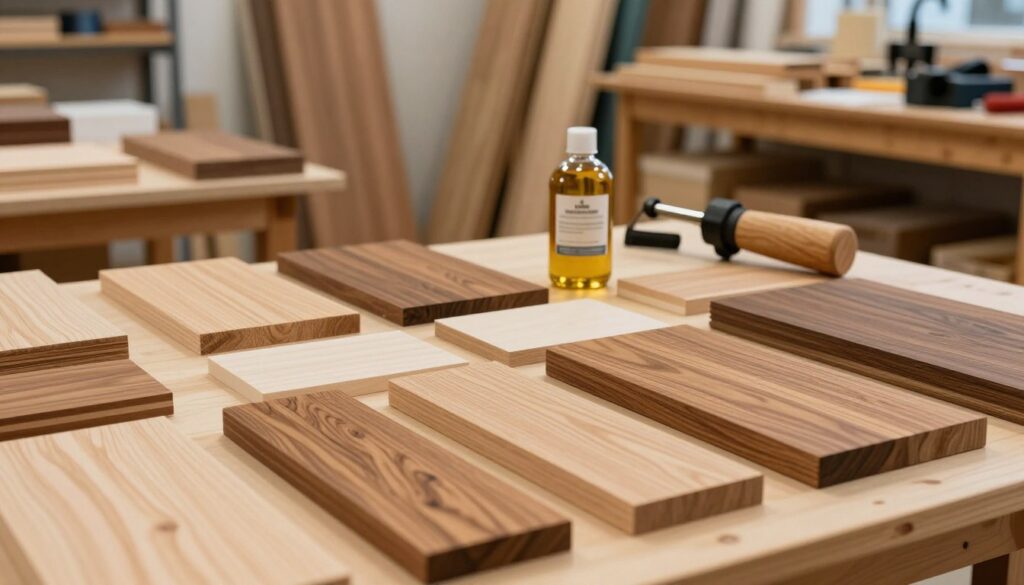 A diverse collection of various types of wood species, prominently arranged in a well-lit workshop environment. In the foreground, showcase a selection of hardwoods like oak, maple, and walnut, with their unique textures and grain patterns highlighted under soft, warm lighting. The middle section features tools for thermal treatment, such as a torch and wood treatment oils, positioned artfully beside the wood samples. In the background, blurred shelves hold additional wood types and equipment, creating a sense of depth and an organized workspace. The atmosphere exudes a cozy and industrious feel, inviting viewers into the craft of wood processing. Use a shallow depth of field to focus sharply on the wood textures while softly blurring the background details.