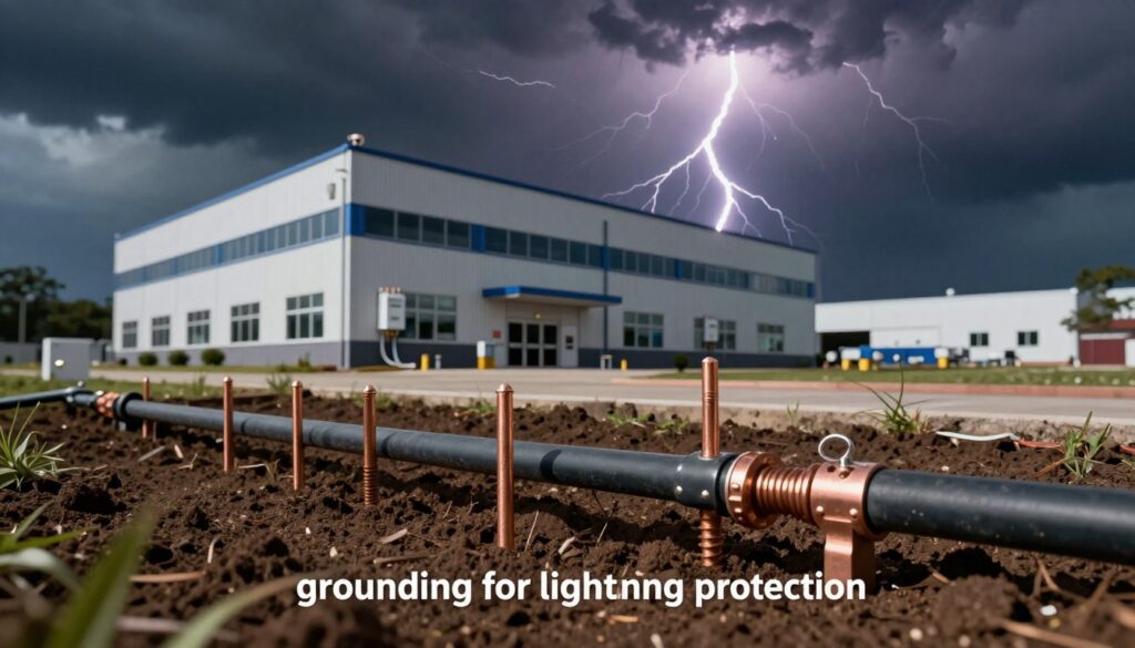 A dynamic illustration depicting the concept of "grounding for lightning protection." In the foreground, an intricate grounding system, featuring copper rods and conductive cables, is strategically placed in soil, with a close-up view of the connections to a building's electrical system. In the middle ground, a well-structured commercial building stands resilient, showcasing clear technical elements like surge protectors and grounding points visibly integrated into the architecture. The background reveals a dark, stormy sky with dramatic lightning bolts, highlighting the importance of lightning protection. The scene is illuminated by flashes of lightning, creating a tense yet educational atmosphere. The lens captures a slight angle from the ground, emphasizing the grounding system's importance while maintaining a professional and informative look.