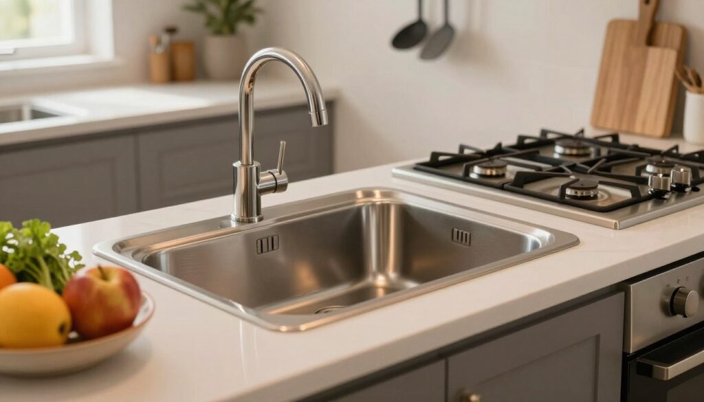 A kitchen scene featuring a sleek stainless steel sink positioned closely next to a modern gas stove. The foreground showcases an elegant countertop with vibrant fruits and herbs in a small bowl, enhancing the cooking atmosphere. In the middle, the sink glistens under warm ambient lighting, highlighting its polished surface. The gas stove is equipped with a contemporary design, featuring knobs and burners ready for use. In the background, soft focus shows various kitchen utensils hanging and a window allowing natural light to filter in, creating a cozy, inviting mood. The overall atmosphere reflects a harmonious and efficient kitchen workspace, ideal for daily cooking routines. Emphasize clarity and professionalism in the design, with attention to detail and usability. A kitchen scene featuring a sleek stainless steel sink positioned closely next to a modern gas stove. The foreground showcases an elegant countertop with vibrant fruits and herbs in a small bowl, enhancing the cooking atmosphere. In the middle, the sink glistens under warm ambient lighting, highlighting its polished surface. The gas stove is equipped with a contemporary design, featuring knobs and burners ready for use. In the background, soft focus shows various kitchen utensils hanging and a window allowing natural light to filter in, creating a cozy, inviting mood. The overall atmosphere reflects a harmonious and efficient kitchen workspace, ideal for daily cooking routines. Emphasize clarity and professionalism in the design, with attention to detail and usability.