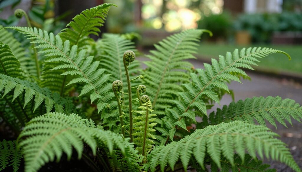 A lush collection of ferns in various stages of growth, showcasing their vibrant green hues and intricate leaf patterns. In the foreground, a healthy, mature fern with wide fronds spread out, exhibiting a rich texture and dew drops glistening in the soft, natural light. The middle ground features smaller ferns, hinting at their potential for propagation, with some leaves gently unfurling. In the background, a blurred garden scene with dappled sunlight filtering through trees, creating a serene and nurturing atmosphere. The composition should evoke a sense of calm and growth, with an emphasis on nature's beauty, captured using a macro lens for detailed focus and soft bokeh in the background.