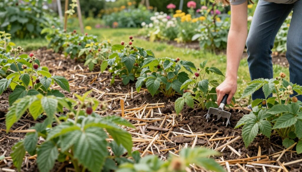 A lush raspberry patch in a garden setting, showcasing various natural methods for weed control. In the foreground, a close-up of soil covered with organic mulch, like straw and wood chips, interspersed with healthy raspberry plants. The middle ground features hand-pulling of weeds by a person dressed in modest gardening attire, emphasizing sustainable practices. The background reveals a picturesque garden filled with greenery and flowering plants under soft, natural sunlight, casting gentle shadows. The overall atmosphere is tranquil and nurturing, highlighting the beauty of eco-friendly gardening. The image should evoke a sense of harmony between plants and nature, focusing on effectively managing weed growth without chemicals. A lush raspberry patch in a garden setting, showcasing various natural methods for weed control. In the foreground, a close-up of soil covered with organic mulch, like straw and wood chips, interspersed with healthy raspberry plants. The middle ground features hand-pulling of weeds by a person dressed in modest gardening attire, emphasizing sustainable practices. The background reveals a picturesque garden filled with greenery and flowering plants under soft, natural sunlight, casting gentle shadows. The overall atmosphere is tranquil and nurturing, highlighting the beauty of eco-friendly gardening. The image should evoke a sense of harmony between plants and nature, focusing on effectively managing weed growth without chemicals.