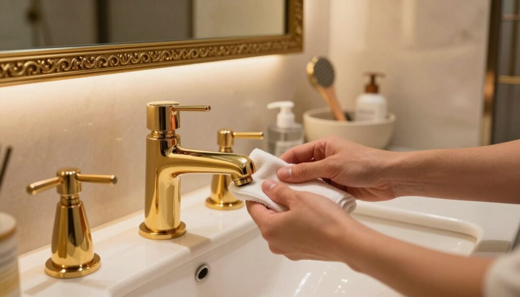 A luxurious bathroom setting featuring polished gold and copper fixtures, such as faucets and showerheads, gleaming under soft, warm lighting. In the foreground, a pair of hands gently cleaning a radiant gold faucet with a microfiber cloth, showcasing the intricate details of the fixture. The middle ground reveals a stylish bathroom countertop with elegant, minimalistic accessories and a small bowl containing cleaning tools and products. In the background, a beautifully framed mirror reflects the warm ambiance of the room, enhancing the polished surfaces. Soft shadows create a serene, inviting atmosphere, evoking a sense of meticulous care and luxury in bathroom maintenance. The overall mood is calming and refined, emphasizing the beauty and upkeep of metallic fixtures.