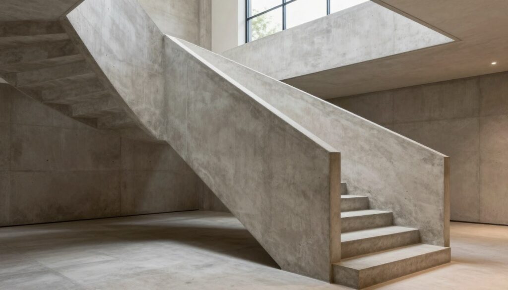 A modern architectural concrete staircase is the main focus, showcasing its rugged textures and smooth finishes. The foreground features a well-lit section of the staircase with decorative plaster in muted tones, highlighting its durability and ease of cleaning. The middle ground presents the staircase rising elegantly with sharp angles, leading to a minimalist landing area. In the background, soft natural light filters in through large windows, casting gentle shadows that emphasize the raw beauty of concrete. The atmosphere is calm and contemporary, with a hint of sophistication, evoking a sense of modern elegance. The image should have a slightly elevated angle, capturing both the structure's functionality and aesthetic appeal without any human presence.