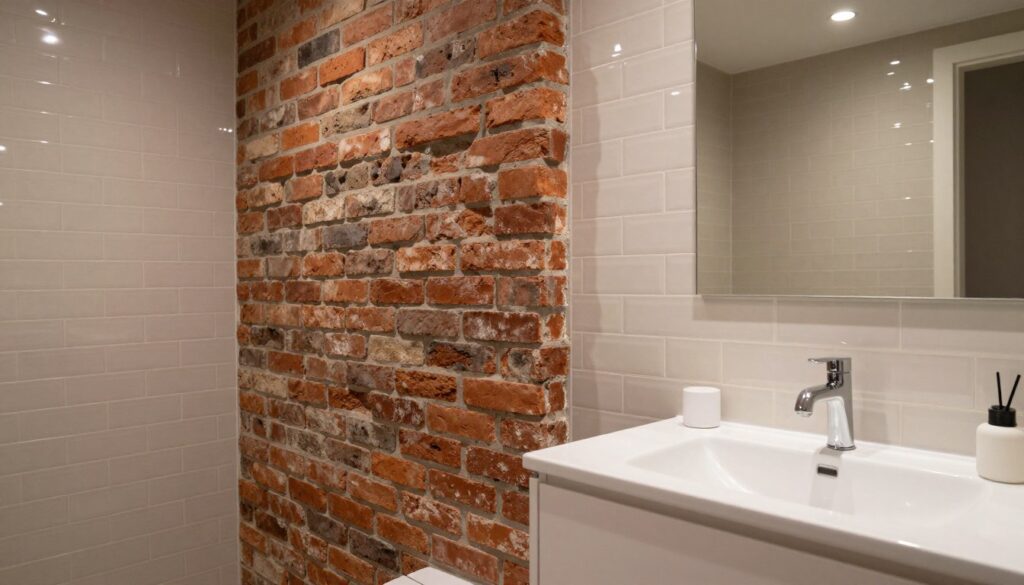 A modern bathroom featuring natural brick and tile textures, showcasing the distinctive appeal of both materials. In the foreground, a sleek, white vanity with minimalist decor presents a clean aesthetic, while the middle showcases a textured wall of exposed red brick on one side and glossy imitation brick tiles on the other, demonstrating their harmonious coexistence. In the background, soft ambient lighting illuminates the space, reflecting off the tiles to create warmth. A large mirror adds depth, enhancing the atmosphere with subtle reflections. The scene captures a balance between rustic charm and contemporary design, inviting viewers to contemplate the integration of raw style with moisture resistance in a serene, inviting environment.