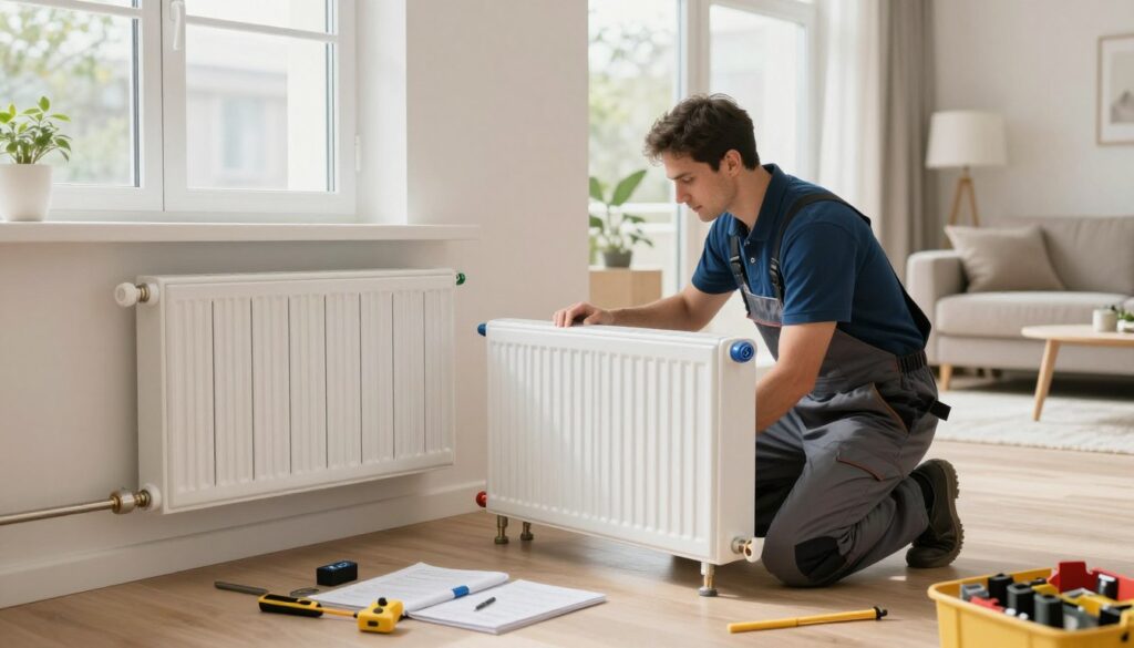 A modern home interior featuring the installation of low-temperature radiators, showcasing a technician in professional work attire methodically replacing old radiators with sleek, contemporary models. In the foreground, tools and installation materials are neatly arranged. The middle ground highlights the transition area where an old radiator is being removed while new radiators are ready to be installed, emphasizing the efficiency of heat distribution. The background displays a bright, airy living space with large windows allowing natural light to flood in, enhancing the mood of comfort and warmth. The overall atmosphere should convey innovation and modern efficiency in home heating solutions, captured in a realistic style. Use soft, natural lighting to create a welcoming environment.