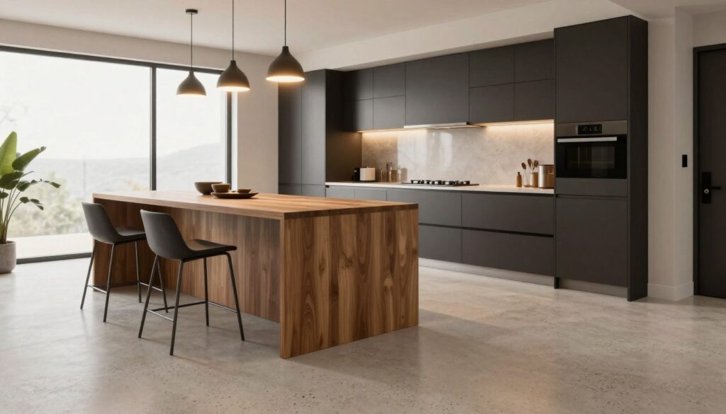 A modern kitchen featuring a sleek mikrocement floor, showcasing the smooth texture and subtle variations in color. In the foreground, a minimalist wooden kitchen island with stylish bar stools sits on the mikrocement surface, illuminated by warm pendant lights above. The middle ground reveals elegant kitchen cabinetry with a mix of dark and light tones, complemented by a stainless steel countertop. In the background, a large window lets in natural light, enhancing the inviting atmosphere. The overall mood is contemporary and sophisticated, emphasizing the seamless blend of functionality and aesthetics in modern interior design. The angle captures the depth of the space, offering a comprehensive view of the kitchen's chic elements. A modern kitchen featuring a sleek mikrocement floor, showcasing the smooth texture and subtle variations in color. In the foreground, a minimalist wooden kitchen island with stylish bar stools sits on the mikrocement surface, illuminated by warm pendant lights above. The middle ground reveals elegant kitchen cabinetry with a mix of dark and light tones, complemented by a stainless steel countertop. In the background, a large window lets in natural light, enhancing the inviting atmosphere. The overall mood is contemporary and sophisticated, emphasizing the seamless blend of functionality and aesthetics in modern interior design. The angle captures the depth of the space, offering a comprehensive view of the kitchen's chic elements.