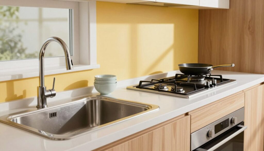 A modern kitchen interior featuring a practical layout with a stainless steel sink positioned next to a sleek gas stove. The foreground showcases the sink with a polished faucet and neatly arranged dishware. In the middle, the gas stove is visible, complete with burners and a pan, emphasizing functional design. The background includes light wooden cabinetry and a vibrant backsplash, creating a warm and inviting atmosphere. Soft, natural lighting filters through a window, casting gentle shadows and highlighting the ergonomic distance between the sink and stove. Capture the essence of safety and efficiency in kitchen design, with elegant colors and textures that reflect a contemporary, yet practical feel. A modern kitchen interior featuring a practical layout with a stainless steel sink positioned next to a sleek gas stove. The foreground showcases the sink with a polished faucet and neatly arranged dishware. In the middle, the gas stove is visible, complete with burners and a pan, emphasizing functional design. The background includes light wooden cabinetry and a vibrant backsplash, creating a warm and inviting atmosphere. Soft, natural lighting filters through a window, casting gentle shadows and highlighting the ergonomic distance between the sink and stove. Capture the essence of safety and efficiency in kitchen design, with elegant colors and textures that reflect a contemporary, yet practical feel.