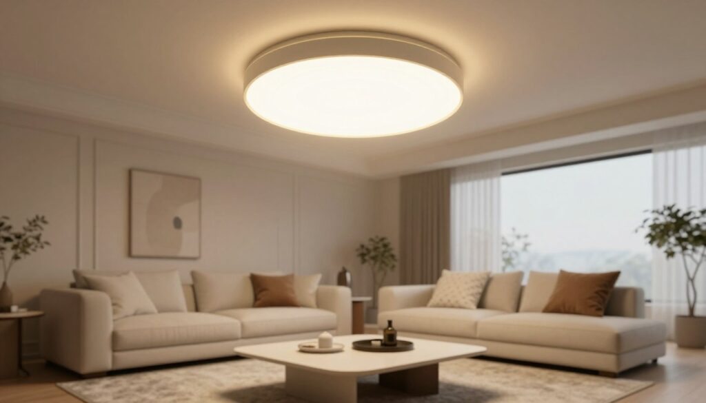 A modern living room bathed in soft, warm light, showcasing a beautifully designed ceiling lamp that illuminates the space without causing glare. In the foreground, a sleek, minimalistic coffee table sits atop a plush rug, adorned with a few decorative items. The middle ground features a stylish sofa with cushions arranged in an inviting manner, while the background displays elegant wall decor and large windows letting in natural light, creating a harmonious blend with the artificial lighting. The atmosphere is cozy and sophisticated, emphasizing the importance of well-designed lighting in interior spaces. Use soft focus on the light, showcasing the glow without harsh reflections, captured at a slightly elevated angle to emphasize depth. A modern living room bathed in soft, warm light, showcasing a beautifully designed ceiling lamp that illuminates the space without causing glare. In the foreground, a sleek, minimalistic coffee table sits atop a plush rug, adorned with a few decorative items. The middle ground features a stylish sofa with cushions arranged in an inviting manner, while the background displays elegant wall decor and large windows letting in natural light, creating a harmonious blend with the artificial lighting. The atmosphere is cozy and sophisticated, emphasizing the importance of well-designed lighting in interior spaces. Use soft focus on the light, showcasing the glow without harsh reflections, captured at a slightly elevated angle to emphasize depth.