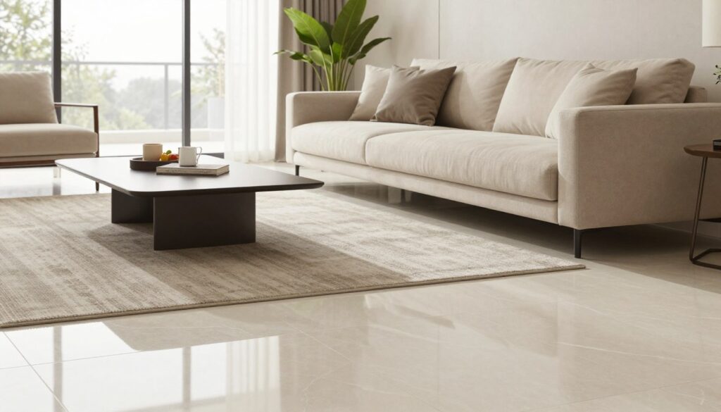 A modern living room elegantly designed with tiles as the flooring, showcasing a harmonious blend of style and practicality. In the foreground, a sleek coffee table sits atop shiny, polished tiles, reflecting soft natural light. The middle ground features a comfortable, minimalist sofa adorned with plush cushions, while a stylish area rug is placed strategically to enhance warmth. In the background, large windows allow for abundant daylight, illuminating the space with a bright and inviting atmosphere. Soft neutral tones dominate the color palette, complemented by vibrant indoor plants that add a touch of freshness. The overall mood is contemporary and sophisticated, conveying the advantages of tile flooring in a modern interior. The focus is on a neat, clean aesthetic, emphasizing the beauty and practicality of tiles.