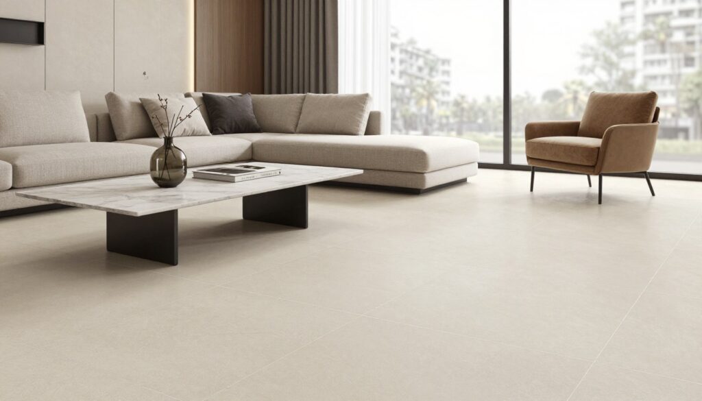 A modern living room featuring stylish ceramic tiles in a contemporary design. In the foreground, showcase a sleek, minimalist coffee table with decorative elements like a vase and a book. The middle ground includes a comfortable sofa adorned with cushions, elegantly placed against a wall lined with large-format tiles in neutral tones. The background reveals a large window allowing natural light to stream in, enhancing the spacious feel. Soft, warm lighting creates a cozy atmosphere. The angle is slightly elevated, giving a broad view of the room while capturing textures of the tiles. The overall mood is inviting and sophisticated, highlighting the practicality and aesthetics of tiles in a modern interior.