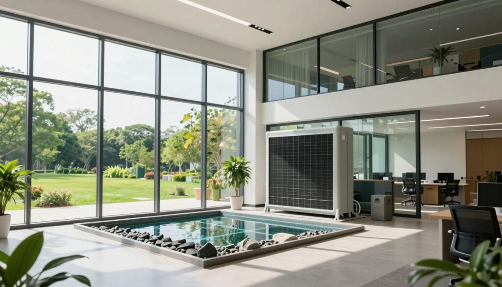 A modern office space featuring an innovative passive cooling system. In the foreground, a sleek, eco-friendly building design showcases large glass windows and natural ventilation features, allowing plenty of sunlight to flood the room. In the middle ground, a high-tech heat exchanger and strategically placed thermal mass materials, like stone and water features, help regulate indoor temperature. The background reveals a lush green landscape outside, enhancing the scene's vibrancy. The lighting is bright yet soft, emphasizing a clean and airy feeling. The angle captures a wide perspective, showcasing the integration of nature with advanced technology, conveying a mood of sustainability and comfort in summer. The setting is free from any human presence, ensuring focus on the cooling system's design and functionality.