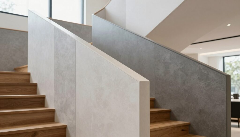 A modern staircase with sleek wall panels that feature a mix of textured and smooth finishes, showcasing various shades of gray and white. In the foreground, focus on the stylish wall panels, displayed at varying heights, with elegant lines and geometric shapes. The middle showcases the staircase, crafted from polished wood, leading upward into a softly lit space. In the background, large windows allow natural light to pour in, casting gentle shadows that enhance the wall panel textures. The overall atmosphere is contemporary and inviting, highlighting durability and ease of maintenance. Use soft, even lighting to accentuate the clean lines and modern aesthetic, with a slightly elevated angle to capture the full depth of the design.