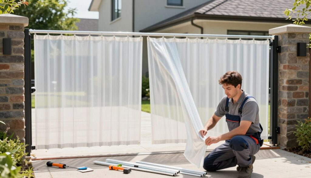 A practical and informative scene depicting the installation of PVC strip curtains for enhancing privacy at a driveway entrance. In the foreground, a professional technician in work attire is carefully aligning the PVC strips, showcasing hands-on work and attention to detail. The middle ground features a partially constructed gate, with neatly arranged tools and materials scattered around, emphasizing a hands-on, DIY atmosphere. The background shows a well-maintained garden and a modern home, conveying a sense of tranquility and privacy. The lighting is bright and natural, simulating a sunny day, creating a hopeful and positive mood. The angle captures the technician's focused expression while showcasing the materials and installation process effectively. A practical and informative scene depicting the installation of PVC strip curtains for enhancing privacy at a driveway entrance. In the foreground, a professional technician in work attire is carefully aligning the PVC strips, showcasing hands-on work and attention to detail. The middle ground features a partially constructed gate, with neatly arranged tools and materials scattered around, emphasizing a hands-on, DIY atmosphere. The background shows a well-maintained garden and a modern home, conveying a sense of tranquility and privacy. The lighting is bright and natural, simulating a sunny day, creating a hopeful and positive mood. The angle captures the technician's focused expression while showcasing the materials and installation process effectively.