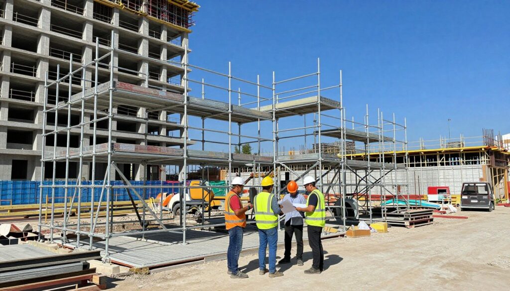 A professional construction site showcasing various types of scaffolding structures suitable for different building tasks. In the foreground, a well-organized area features workers in safety gear, discussing plans and evaluating scaffolding setups. The middle ground presents diverse scaffolding types—frame scaffolding, mobile scaffolds, and modular systems—illustrating their appropriate use. In the background, a partially constructed building rises against a clear blue sky, with cranes and construction materials visible, enhancing the busy site atmosphere. The image is brightly lit, emphasizing safety and professionalism, captured from a slightly elevated angle to provide a comprehensive view of the scaffolding in use. The mood reflects expertise, careful planning, and coordination within the construction industry.