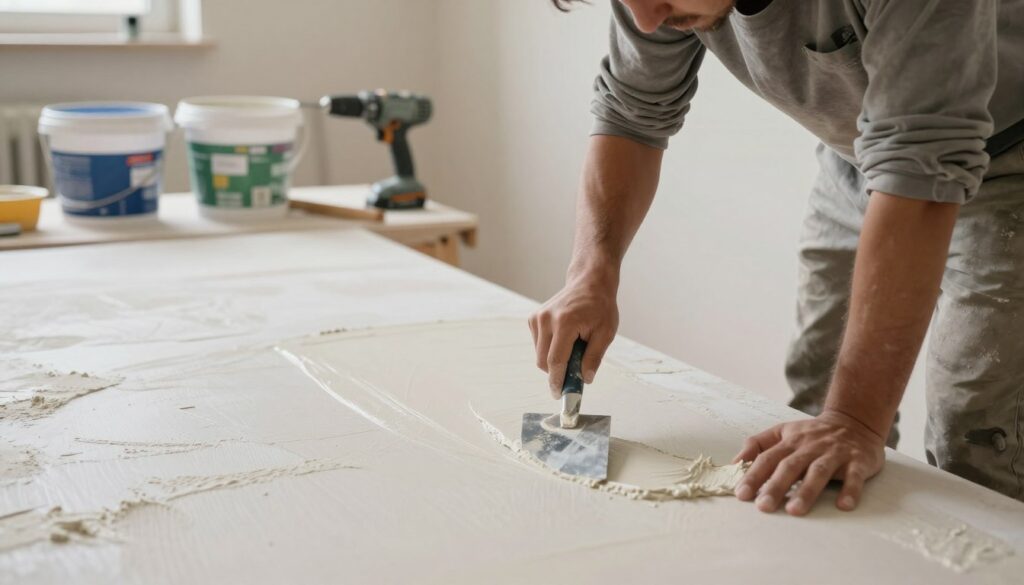 A professional craftsman applying plaster to drywall panels in a well-lit interior space. In the foreground, the craftsman, dressed in a modest casual outfit, is using a trowel to evenly spread the plaster on the surface. The middle ground features drywall sheets with a partially applied coat of plaster, showing texture and detail. In the background, tools like a bucket of plaster, a mixing drill, and additional equipment are neatly arranged on a workbench. Soft, natural lighting illuminates the scene, highlighting the craftsman's focused expression and the smoothness of the plaster. The atmosphere is calm and industrious, emphasizing precision and skill in the plastering technique. A professional craftsman applying plaster to drywall panels in a well-lit interior space. In the foreground, the craftsman, dressed in a modest casual outfit, is using a trowel to evenly spread the plaster on the surface. The middle ground features drywall sheets with a partially applied coat of plaster, showing texture and detail. In the background, tools like a bucket of plaster, a mixing drill, and additional equipment are neatly arranged on a workbench. Soft, natural lighting illuminates the scene, highlighting the craftsman's focused expression and the smoothness of the plaster. The atmosphere is calm and industrious, emphasizing precision and skill in the plastering technique.