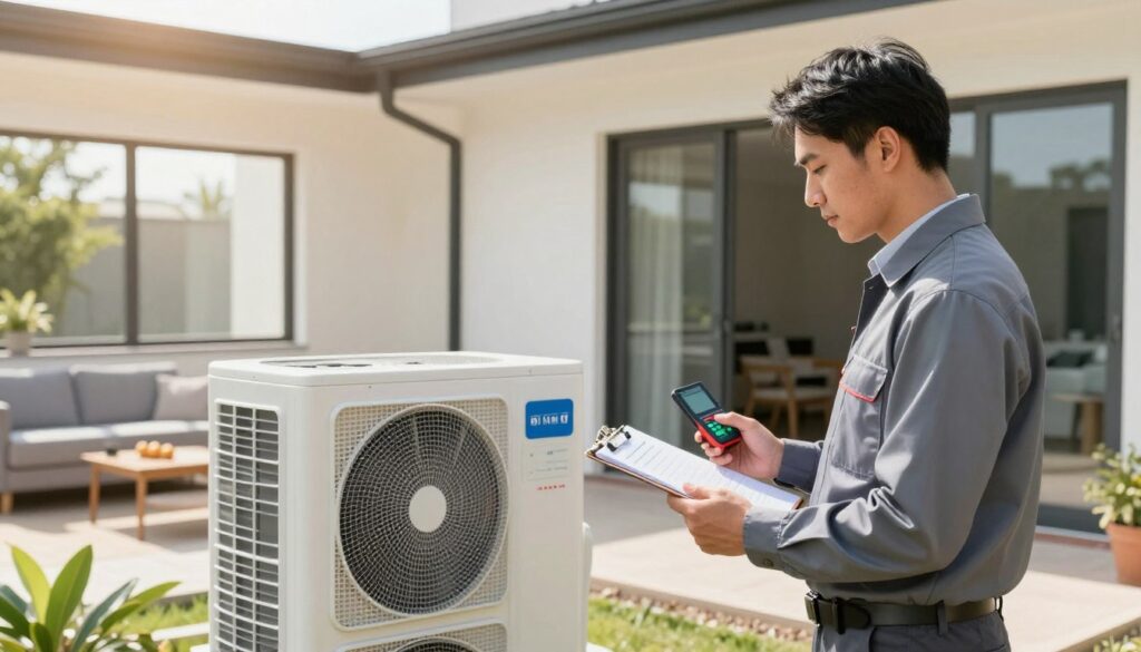 A professional energy audit of a heat pump system in a modern home setup. In the foreground, a technician wearing business attire closely examines a sophisticated heat pump unit with a clipboard and digital tools, reflecting a focus on energy efficiency. The middle ground features a well-lit living room with radiators along the walls and energy-efficient windows letting in natural sunlight. The background shows architectural elements of the house, emphasizing modern design and sustainability. The lighting is bright and inviting, creating a professional yet warm atmosphere. Capture the essence of energy modernization in the home, with a focus on innovation, efficiency, and technology in HVAC solutions.