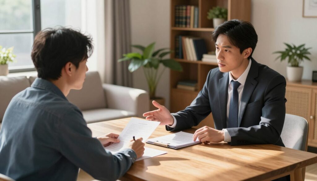 A professional landlord and a tenant sit across from each other at a wooden table inside a well-lit, cozy living room. The landlord, dressed in a smart business suit, gestures towards a stack of paperwork between them, discussing the implications of living without official registration. The tenant, in modest casual attire, listens attentively, showing a mix of curiosity and concern. Sunlight streams through a large window, casting soft shadows and creating a warm, inviting atmosphere. In the background, a bookshelf filled with legal books and houseplants adds depth to the scene, emphasizing the serious nature of their discussion. The camera angle is slightly elevated, capturing both figures and the documents clearly, with a focus on their expressions and the environment’s coziness. A professional landlord and a tenant sit across from each other at a wooden table inside a well-lit, cozy living room. The landlord, dressed in a smart business suit, gestures towards a stack of paperwork between them, discussing the implications of living without official registration. The tenant, in modest casual attire, listens attentively, showing a mix of curiosity and concern. Sunlight streams through a large window, casting soft shadows and creating a warm, inviting atmosphere. In the background, a bookshelf filled with legal books and houseplants adds depth to the scene, emphasizing the serious nature of their discussion. The camera angle is slightly elevated, capturing both figures and the documents clearly, with a focus on their expressions and the environment’s coziness.