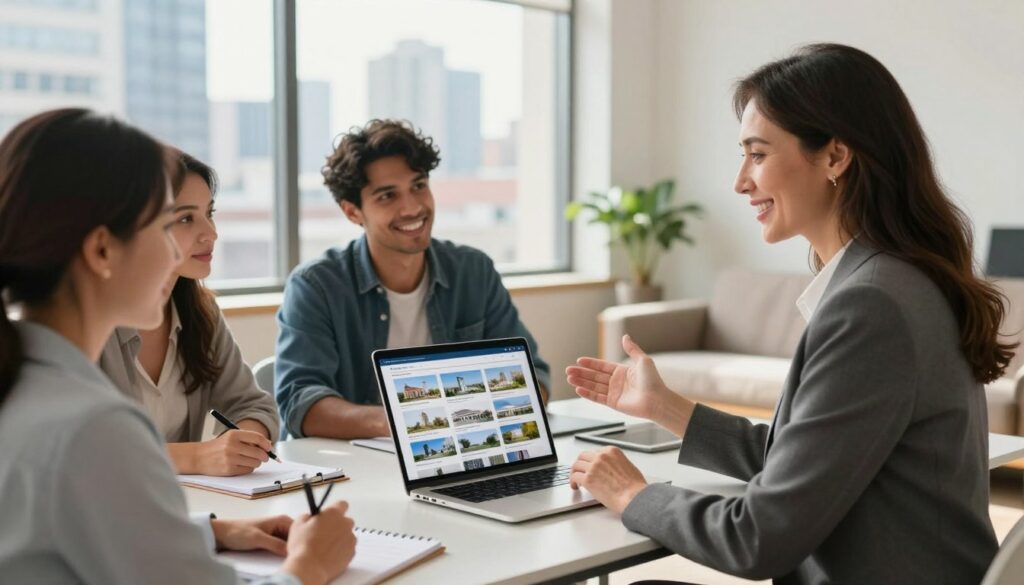 A professional real estate agent engaged in a consultation with a diverse couple in a bright, airy office, showcasing various property listings on a sleek laptop. The foreground features the agent, a middle-aged woman in business attire, smiling confidently while gesturing towards the screen. The couple, a young man and woman, listen attentively, taking notes with a notepad and pen. In the middle ground, a large window reveals a sunny urban skyline, emphasizing the vibrant atmosphere. The background includes modern furniture and decorative plants, enhancing the professional ambiance. Soft, natural lighting creates a warm and inviting mood. The image captures the essence of seeking professional real estate assistance at the right time, emphasizing collaboration and expertise.