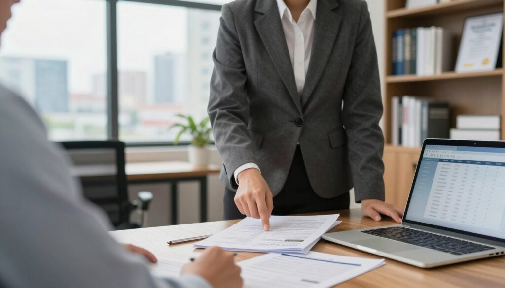 A professional real estate agent standing confidently in a modern office setting, wearing a tailored business suit, surrounded by documents and a laptop displaying property listings. In the foreground, focus on the agent’s hand pointing at a property brochure, conveying their expertise. The middle ground showcases a stylish office environment with a large window revealing a cityscape, suggesting a vibrant market. The background includes shelves filled with real estate books and certificates, symbolizing qualifications and knowledge. Soft, natural lighting filters through the window, creating an inviting atmosphere. The overall mood is one of professionalism and competence, emphasizing the essential requirements for a successful real estate agent.