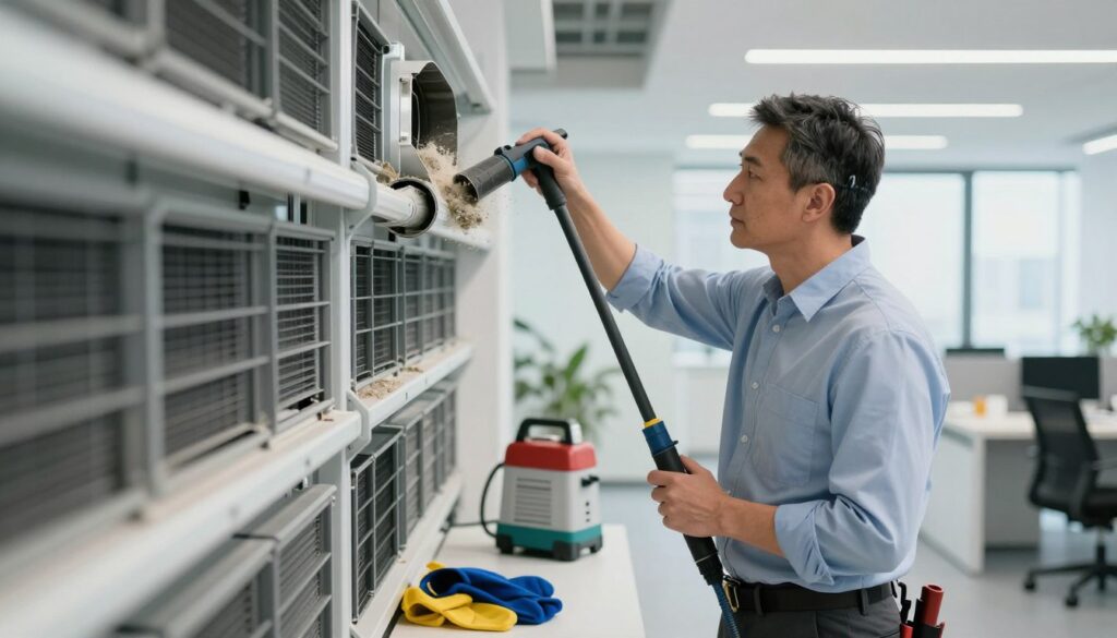 A professional technician in business attire, carefully inspecting and cleaning air ventilation ducts in a commercial building. The technician, a middle-aged person with short hair, uses specialized cleaning equipment and tools. In the foreground, the technician is focused on a partially opened duct, showcasing dust and debris being removed. The middle layer features additional cleaning equipment and protective gear scattered around. The background displays a modern office space with clean lines and bright lighting filtering through large windows, creating a clean and efficient atmosphere. The overall scene conveys a sense of professionalism and meticulous care, emphasizing the importance of air quality and maintenance in indoor environments.