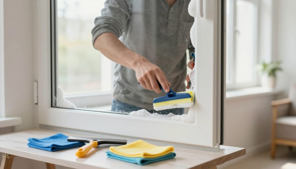 A professional window frame cleaning scene, focusing on a person in modest casual clothing carefully cleaning a window frame just beside a pane covered in construction foam. The foreground features cleaning tools like scrapers and cloths neatly arranged on a low table. In the middle, the individual is gently scraping off excess foam from the window frame, ensuring no damage is done to the wood or paint, reflecting caution and attention to detail. The background includes a softly lit, airy room with natural light filtering in through another window, creating a calm and focused atmosphere. The camera angle is slightly above eye level, providing a clear view of the cleaning process while not obstructing the larger scene. Ensure the colors are bright and inviting, emphasizing cleanliness and professionalism in a domestic setting.