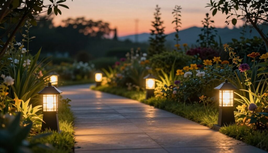 A serene garden pathway illuminated by strategically placed outdoor lamps, showcasing the importance of electrical safety in outdoor lighting. In the foreground, focus on a well-designed garden path with warm, inviting lighting emanating from elegant garden lamps. The middle ground features lush greenery and vibrant flowers, creating a soothing atmosphere. The background consists of a twilight sky, softly transitioning from orange to deep blue, enhancing the feeling of safety and tranquility. Ensure the lamps are properly installed and spaced evenly along the path, highlighting compliance with safety standards. Use a soft lens effect to create a dreamy ambiance, capturing a sense of harmony between nature and technology, while emphasizing the importance of safe electrical installations in garden environments.