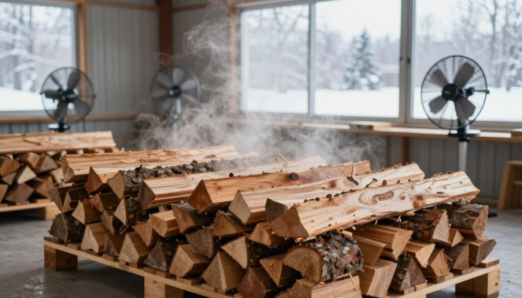A serene indoor setting that emphasizes the importance of air circulation for drying wood during winter. In the foreground, a stack of neatly arranged firewood sits on a wooden pallet, with some logs slightly ajar to showcase their natural texture. The middle ground features a well-ventilated space, with strategically placed fans creating a gentle breeze around the wood. In the background, a large window allows soft, diffused daylight to filter through, highlighting the contrast between the warm wood and the cool, frosty atmosphere outside. The scene conveys a calming, organized environment focused on the principles of air movement, with a subtle emphasis on warmth and comfort, perfect for discussing the significance of air circulation in wood storage.