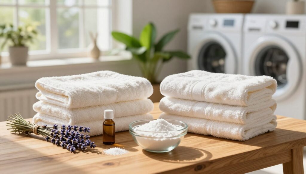 A serene, inviting laundry scene featuring fluffy, freshly laundered towels arranged neatly on a wooden table. In the foreground, focus on a beautiful glass bowl filled with natural ingredients like lavender, baking soda, and essential oils, symbolizing organic methods for softening fabrics. In the middle, vibrant green plants and linen fabric drape elegantly, enhancing the natural theme. The background showcases a softly lit laundry room with natural sunlight streaming through a large window, casting warm, golden tones that evoke a sense of comfort and cleanliness. Capture an atmosphere of tranquility and freshness, emphasizing the idea of using gentle, eco-friendly solutions for luxurious towel softness. A serene, inviting laundry scene featuring fluffy, freshly laundered towels arranged neatly on a wooden table. In the foreground, focus on a beautiful glass bowl filled with natural ingredients like lavender, baking soda, and essential oils, symbolizing organic methods for softening fabrics. In the middle, vibrant green plants and linen fabric drape elegantly, enhancing the natural theme. The background showcases a softly lit laundry room with natural sunlight streaming through a large window, casting warm, golden tones that evoke a sense of comfort and cleanliness. Capture an atmosphere of tranquility and freshness, emphasizing the idea of using gentle, eco-friendly solutions for luxurious towel softness.