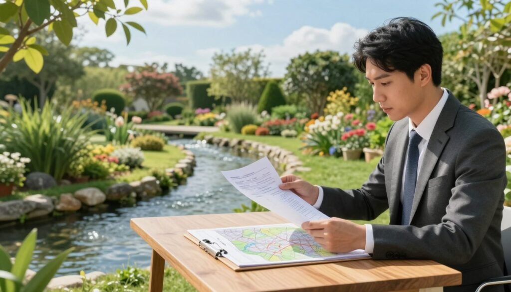 A serene landscape depicting a legal verification process for land. In the foreground, a professional in business attire examines legal documents and topographical maps, sitting at a modest wooden table. Their focused expression conveys diligence. In the middle ground, a small, clear waterway gently flows, bordered by lush greenery and well-maintained garden plants. A clipboard rests on the table, featuring technical drawings of the land. In the background, a beautiful garden with various flowering plants stretches towards a bright, blue sky, creating a hopeful atmosphere. Soft sunlight filters through the leaves, casting gentle shadows and adding warmth to the scene. The overall mood is one of careful planning and clarity regarding legal land implications.