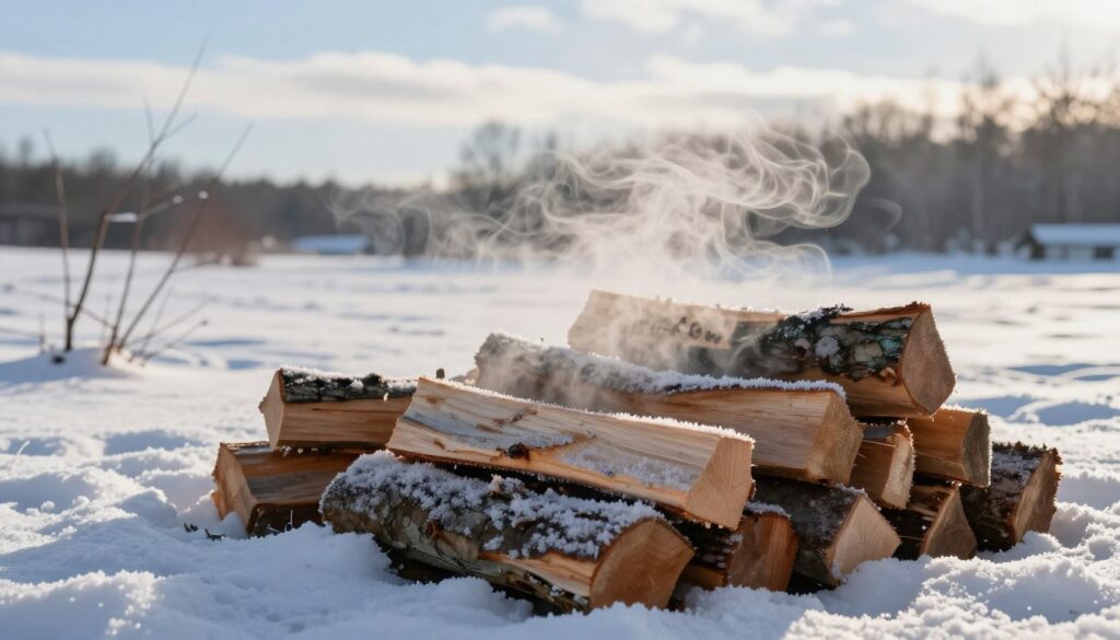A serene outdoor winter scene illustrating the concept of "airflow" around firewood, showcasing various methods for accelerating drying in difficult conditions. In the foreground, neatly stacked logs of firewood, partially covered in frost with wisps of steam rising from them, indicating moisture evaporation. In the middle ground, soft white snow blankets the ground, while gentle breezes cause slight movements in nearby tree branches. The background features a subtle winter landscape with a pale blue sky and light clouds, emphasizing the cold atmosphere. Use natural lighting with hints of warm sunlight filtering through, casting long shadows. The overall mood is calm yet focused on the challenge of drying wood in winter, with an emphasis on the interaction between air and moisture.