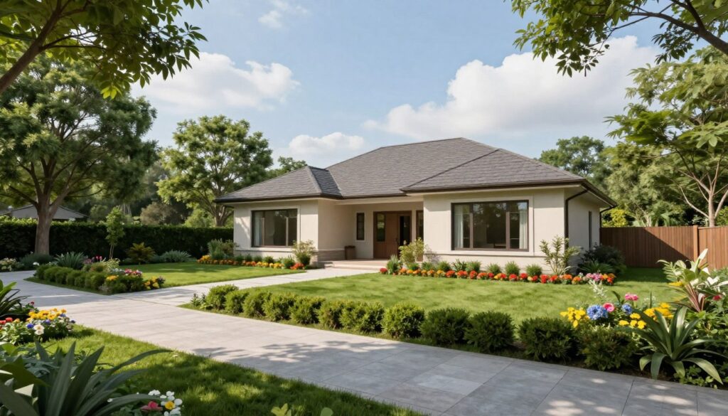 A serene view of a recently constructed house on a family-owned plot of land, surrounded by lush greenery and mature trees. In the foreground, a paved pathway leads to the entrance of the modern home, showcasing large windows and a welcoming porch. The middle ground features a well-maintained garden with colorful flowers and neatly trimmed hedges, symbolizing careful management of shared ownership. In the background, a clear sky with soft clouds enhances the peaceful atmosphere. The image should be captured in soft, natural daylight with subtle shadows, using a wide-angle lens to emphasize the spaciousness. The overall mood conveys harmony, stability, and collaboration, reflecting the complexities of co-ownership under the Civil Code, without any human figures present.