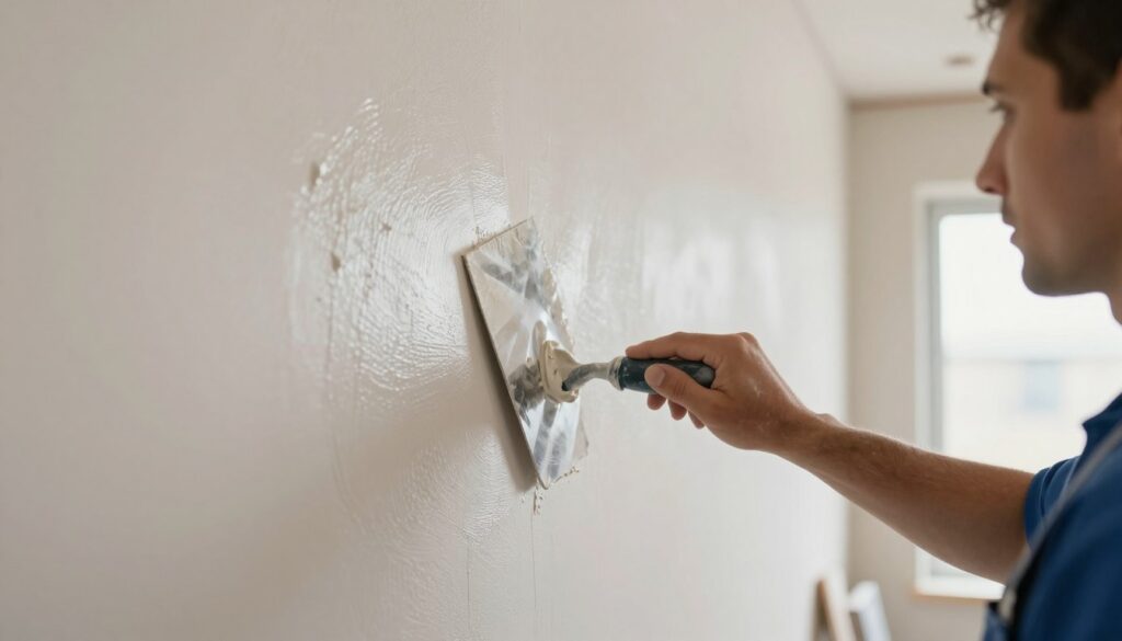 A skilled professional applying smooth finishing plaster to a wall, demonstrating expert techniques for achieving a mirror-like surface. In the foreground, focus on the craftsman's hands carefully using a trowel to spread the plaster evenly. The middle ground should display a partially finished wall, showcasing both textured and smooth areas. The background features a well-lit interior space with soft overhead lighting, emphasizing the craftsmanship. The atmosphere is calm and professional, symbolizing precision and artistry in home renovation. The lens should capture a close-up angle that highlights the meticulous details of the application process, accentuating the gleam of the fresh plaster under the light.