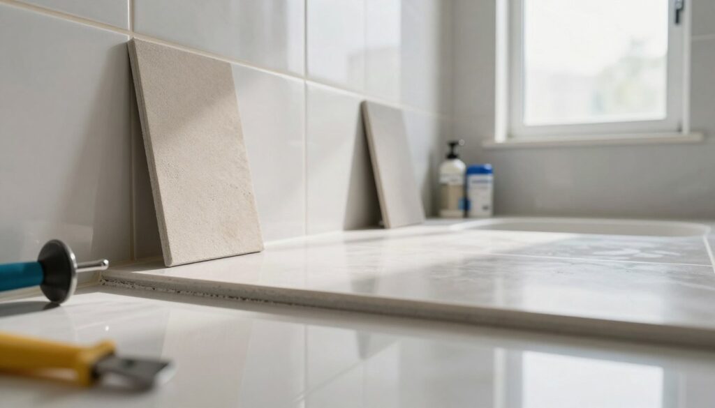 A sleek, modern bathroom showcasing a variety of high-quality, waterproof grouting options installed between elegant tiles. In the foreground, prominently feature a smooth, durable grout in a neutral tone, accentuating its resistance to mold and stains. The middle of the image displays polished tiles reflecting subtle light, illustrating a well-maintained bathroom environment. In the background, soft, natural light streams in from a frosted window, creating an inviting and fresh atmosphere. The angle captures the workspace of a bathroom renovation, highlighting tools and materials used for installation. The overall mood is clean, professional, and informative, perfect for illustrating a section on durable bathroom grouts in challenging conditions.