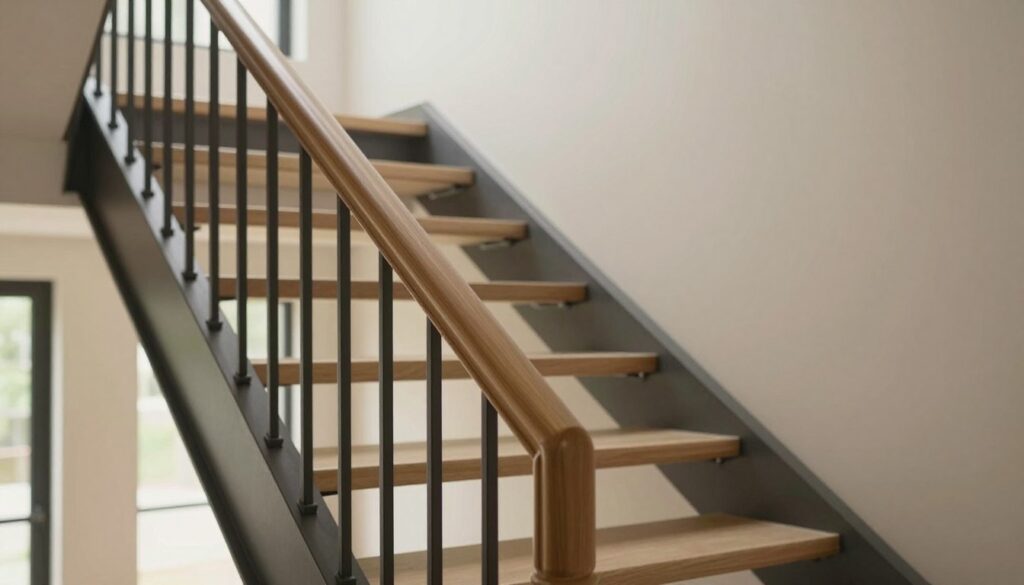 A sleek, modern staircase featuring intricate side finishes, emphasizing both aesthetics and functionality. In the foreground, a detailed view of polished wooden handrails seamlessly merging with a contemporary metal frame, showcasing excellent craftsmanship. The middle section highlights the elegant steps of the staircase, each step meticulously crafted and protected with a matte finish that reflects soft, natural lighting. The background sets a warm, inviting atmosphere with neutral-toned walls and soft ambient light filtering through large windows, creating gentle shadows. This composition conveys a sense of care and maintenance, representing the importance of protecting and servicing the integrity of the staircase design.