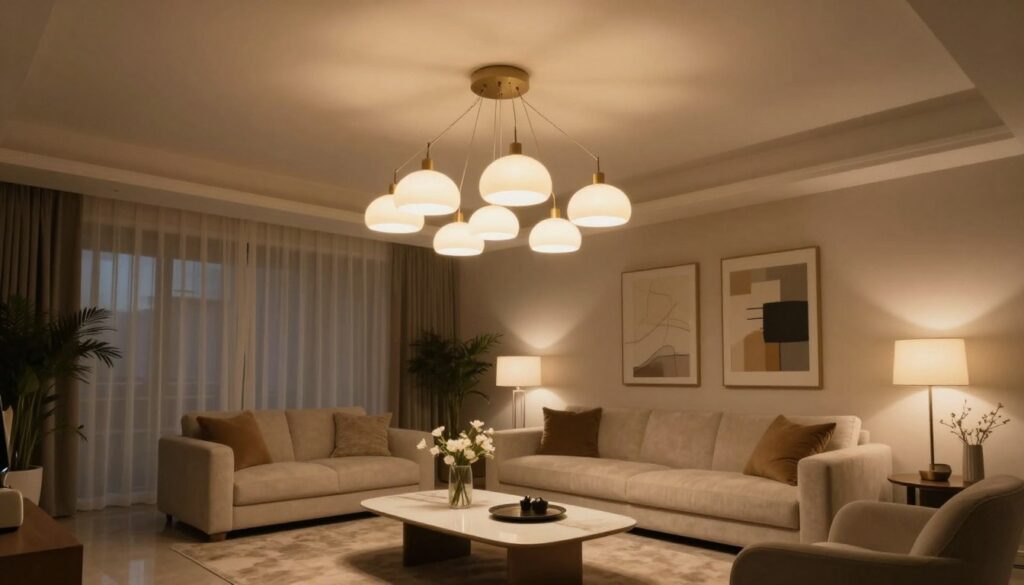A sophisticated living room interior showcasing an elegant ceiling lamp arrangement, emphasizing the strategic placement of various lighting sources. In the foreground, softly glowing pendant lights hang gracefully above a stylish coffee table. The middle ground features a plush sofa and decorative elements, illuminated by warm, ambient lighting, creating a cozy atmosphere. The background presents a tastefully decorated wall with artwork that complements the lighting scheme. The lighting is soft yet effective, casting gentle shadows and highlights throughout the space. Captured with a wide-angle lens to convey depth, the scene feels inviting and sophisticated, harmonizing elegance and functionality in interior design. A sophisticated living room interior showcasing an elegant ceiling lamp arrangement, emphasizing the strategic placement of various lighting sources. In the foreground, softly glowing pendant lights hang gracefully above a stylish coffee table. The middle ground features a plush sofa and decorative elements, illuminated by warm, ambient lighting, creating a cozy atmosphere. The background presents a tastefully decorated wall with artwork that complements the lighting scheme. The lighting is soft yet effective, casting gentle shadows and highlights throughout the space. Captured with a wide-angle lens to convey depth, the scene feels inviting and sophisticated, harmonizing elegance and functionality in interior design.