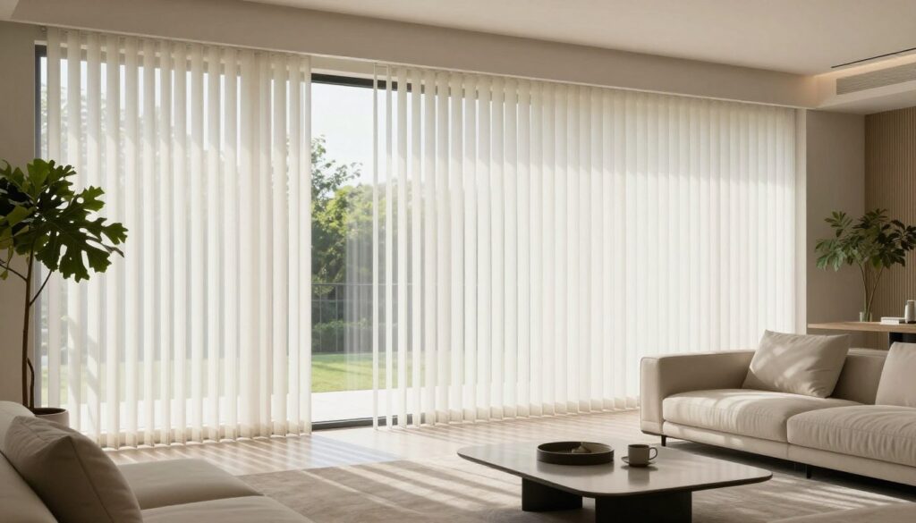 A spacious modern living room featuring large vertical windows dressed with elegant vertical blinds. The sunlight streams in through the glass, casting soft shadows on the minimalist furniture, which includes a sleek sofa and a contemporary coffee table. In the foreground, a stylish indoor plant adds a touch of greenery, while the middle ground showcases the rich texture of the blinds in creamy white tones. The background reveals a serene outdoor view, with hints of lush greenery beyond the window. The mood is bright and airy, promoting a sense of calm and sophistication. The scene is captured from a slightly angled perspective to emphasize the height of the windows, with soft natural lighting enhancing the overall atmosphere.
