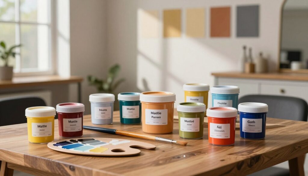A structured display of various types of paint emulsions, arranged artistically on a wooden table. Foreground features several paint containers in vibrant colors, labeled to represent different emulsions like matte, satin, and gloss. In the middle, a painter's palette scattered with swatches of color and brushes reveals the textures and finishes of these emulsions. The background showcases a softly lit interior space, perhaps a stylish salon or kitchen, adorned with elegant wall paint displaying these emulsions in use. Soft, natural lighting filters through a nearby window, casting gentle shadows and creating a warm, inviting atmosphere. The overall mood is professional yet creatively inspiring, highlighting the user-friendly properties of each paint type without any text or distractions.
