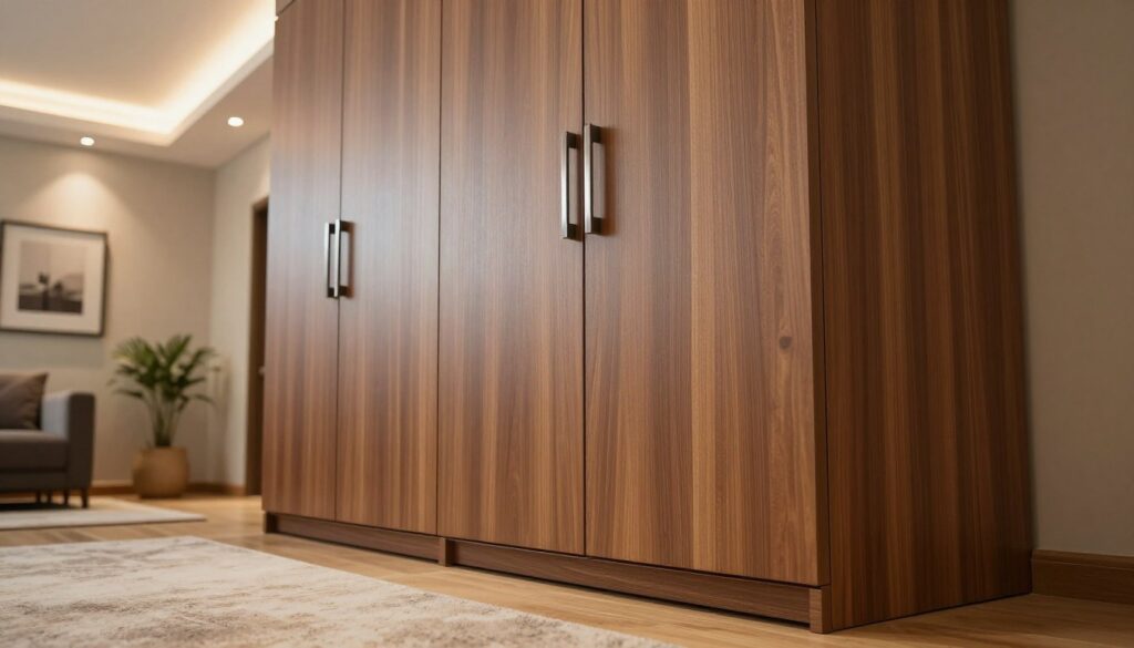 A stylish, custom-built wardrobe designed for a contemporary home, showcasing high-quality craftsmanship and modern aesthetics. In the foreground, the wardrobe features sleek wooden doors with a matte finish and elegant metal handles, offering a sense of luxury. The middle ground includes a well-lit room, exhibiting warm lighting from recessed lamps that create a cozy atmosphere. A soft rug lies underfoot, complementing the wooden flooring. In the background, subtle home décor elements like potted plants and framed artwork add a touch of personality without overwhelming the scene. The angle captures the wardrobe at a slight tilt, emphasizing its depth and functionality. The overall mood is inviting and sophisticated, embodying quality craftsmanship while suggesting smart, cost-effective design choices.