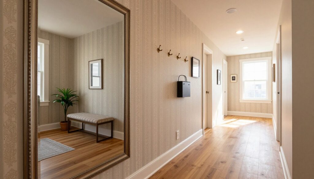 A stylish hallway interior featuring a large decorative mirror that enhances the space, reflecting light and creating an illusion of depth. In the foreground, the mirror with an ornate frame reflects a well-organized entrance area, showcasing a small potted plant and a stylish bench. The middle section presents a cozy hallway with elegant wallpaper and warm wood flooring, lined with tasteful wall hooks and storage solutions. The background captures a softly lit space with natural light filtering through a nearby window, casting gentle shadows. The atmosphere is inviting and sophisticated, emphasizing the practicality and style of the hallway design, using a warm color palette and elegant decor, taken with a wide-angle lens to highlight the spaciousness.
