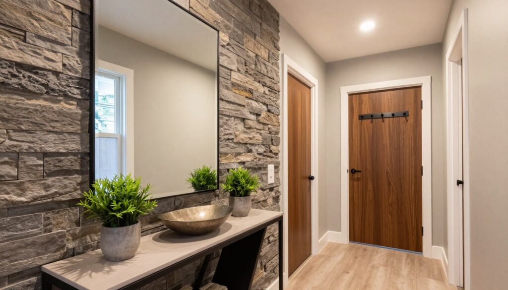A stylish hallway interior featuring sturdy wall materials suitable for high-traffic areas. In the foreground, a sleek console table with decorative elements, like a small potted plant and a stylish bowl. In the middle ground, the walls are lined with modern, textured finishes, such as stone or durable wood paneling, showcasing resistance to wear. A well-placed mirror reflects light, enhancing the space. The background includes a welcoming coat rack and a door leading to another room, bathed in warm, natural light coming from a nearby window. The atmosphere is inviting and functional, combining practicality with modern aesthetics. The angle is slightly elevated, providing a comprehensive view of the space without any people present.