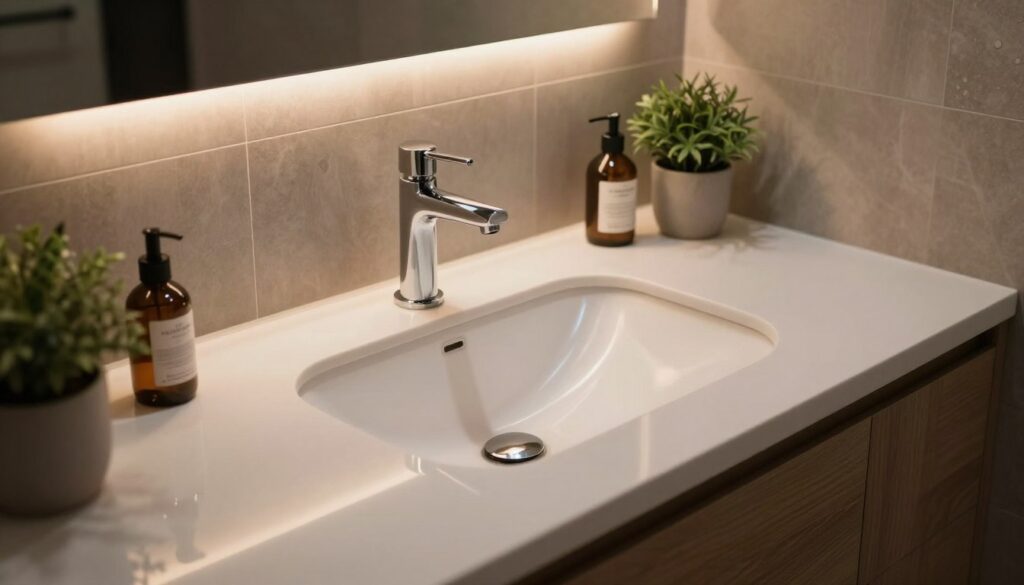A stylish, modern bathroom featuring a sleek, drop-in sink seamlessly integrated into an elegant countertop. The sink has soft curves and a polished chrome faucet, set against a backdrop of warm wood finishes and neutral-toned tiles. Let the foreground showcase reflective surfaces on the countertop, capturing the light beautifully. The middle ground includes tasteful bathroom accessories like a soap dispenser and a potted plant, adding a touch of greenery. The background features soft, ambient lighting that creates an inviting atmosphere, with subtle shadows adding depth. The scene is captured at a slight angle to highlight the functionality and aesthetics of the integrated sink design, evoking a sense of comfort and sophistication in a contemporary interior setting.