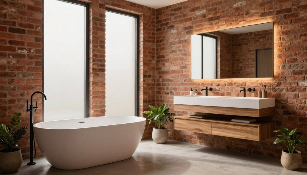 A stylish modern bathroom featuring exposed brick walls in warm terracotta hues, seamlessly blending raw texture with contemporary design. In the foreground, a sleek freestanding bathtub reflects the soft ambient lighting, surrounded by subtle greenery in small pots. The middle section showcases a minimalist wooden vanity with elegant fixtures, while contrasting beautifully with the rustic brick. In the background, large frosted windows allow natural light to filter through, enhancing the earthy tones of the brick. The atmosphere is tranquil and inviting, promoting a sense of relaxation and modern luxury. The image captures a harmonious balance of color and texture, highlighting how brick can complement modern bathroom aesthetics.