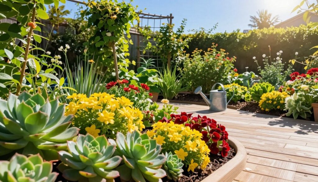 A sunlit garden terrace planted with vibrant, drought-resistant plants that thrive in intense sunlight. In the foreground, showcase a variety of succulent and hardy flowering plants, displaying rich greens and vivid colors like bright yellows and deep reds. In the middle ground, include a well-maintained planting bed with mulch to retain moisture, a trellis with climbing vines, and a small decorative watering can positioned for easy access. In the background, depict a clear blue sky and sun casting warm, gentle light, illuminating the greenery. Capture the structure of the terrace, made of light-colored wood, reflecting a serene summer atmosphere, evoking a sense of peaceful gardening and plant care techniques suitable for harsh conditions. Ensure the scene is vibrant and inviting, with no text or human presence. A sunlit garden terrace planted with vibrant, drought-resistant plants that thrive in intense sunlight. In the foreground, showcase a variety of succulent and hardy flowering plants, displaying rich greens and vivid colors like bright yellows and deep reds. In the middle ground, include a well-maintained planting bed with mulch to retain moisture, a trellis with climbing vines, and a small decorative watering can positioned for easy access. In the background, depict a clear blue sky and sun casting warm, gentle light, illuminating the greenery. Capture the structure of the terrace, made of light-colored wood, reflecting a serene summer atmosphere, evoking a sense of peaceful gardening and plant care techniques suitable for harsh conditions. Ensure the scene is vibrant and inviting, with no text or human presence.