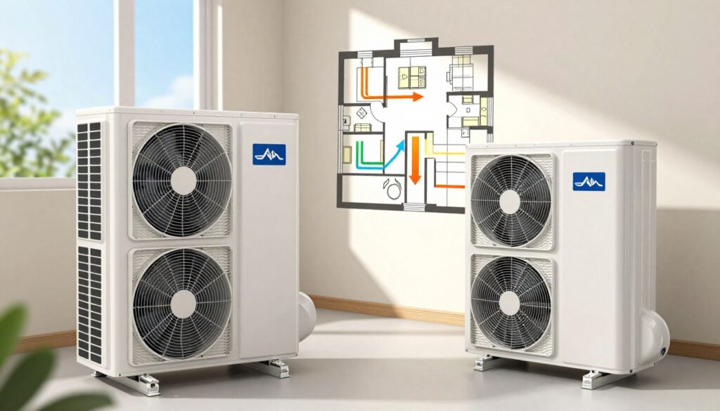 A technical illustration depicting the key aspects of cooling systems for heat pumps in a residential setting. In the foreground, show a detailed heat pump unit with sleek, modern lines, combined with cooling coils and fans. In the middle ground, display a stylized floor plan of a house with arrows indicating air circulation patterns, emphasizing energy efficiency. The background features a serene environment, perhaps a sunny day with light coming through the windows, casting soft shadows. The lighting should be bright yet natural, enhancing the clarity of the technical components. The overall mood conveys professionalism and innovation, showcasing the practicality of using heat pumps for summer cooling effectively.