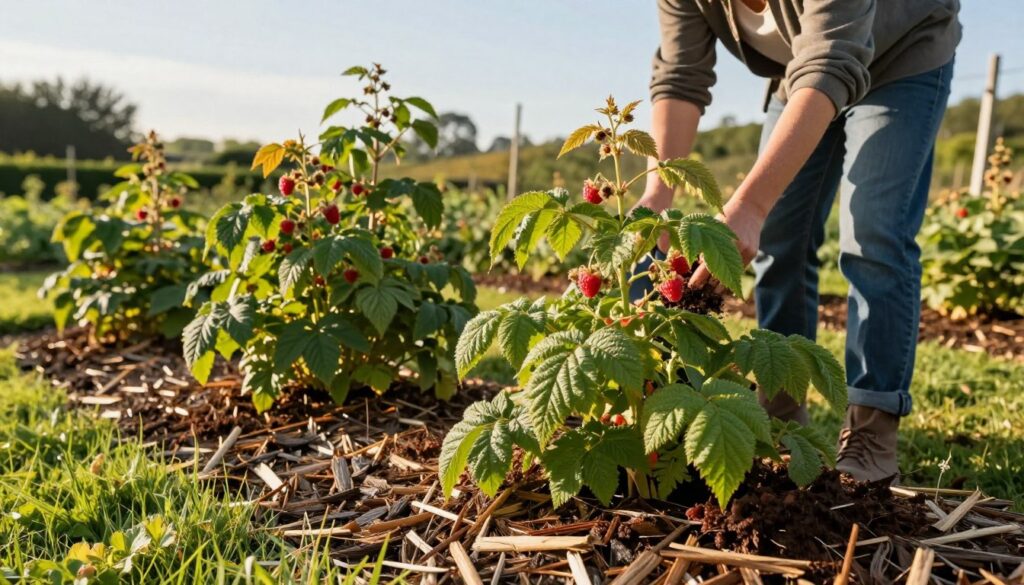 A tranquil garden scene focused on raspberry bushes, showcasing a well-mulched area to prevent grass growth. In the foreground, vibrant green raspberry plants are surrounded by thick layers of organic mulch, such as wood chips and straw, effectively demonstrating the mulching technique. The middle ground features a gardener, dressed in modest casual clothing, gently tending to the bushes, using a hand trowel to spread more mulch around the plants. The background reveals a sunny, clear sky casting warm, golden light over the garden, enhancing the rich colors of the foliage. This serene, productive atmosphere emphasizes the benefits of mulching in maintaining healthy raspberry growth without grass competition. A tranquil garden scene focused on raspberry bushes, showcasing a well-mulched area to prevent grass growth. In the foreground, vibrant green raspberry plants are surrounded by thick layers of organic mulch, such as wood chips and straw, effectively demonstrating the mulching technique. The middle ground features a gardener, dressed in modest casual clothing, gently tending to the bushes, using a hand trowel to spread more mulch around the plants. The background reveals a sunny, clear sky casting warm, golden light over the garden, enhancing the rich colors of the foliage. This serene, productive atmosphere emphasizes the benefits of mulching in maintaining healthy raspberry growth without grass competition.
