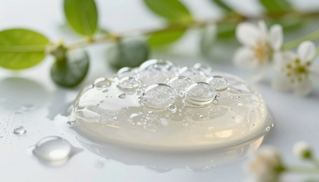 A vibrant, close-up view of hyaluronic acid in crystalline form, showcasing its translucent, gel-like texture. In the foreground, droplets of the serum rest on a smooth, reflective surface, capturing ambient light for a soft glow. The middle layer features light, airy bubbles that suggest hydration and moisture, symbolizing the serum's nourishing properties. In the background, a blurred arrangement of fresh botanical elements, such as green leaves and delicate flowers, evokes a sense of natural beauty and vitality. The lighting is soft yet bright, creating a serene and inviting atmosphere. The angle is slightly tilted to emphasize the glistening droplets and the depth of texture, making it an eye-catching and informative visualization of skincare ingredients that promote hydration and antioxidant synergy.