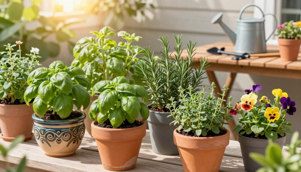 A vibrant collection of potted herbs in a sun-soaked urban terrace setting, featuring rich green basil, rosemary, and thyme, along with colorful edible flowers. In the foreground, focus on intricately designed ceramic pots with glossy finishes. The middle ground reveals a variety of textures with lush foliage and a wooden table set with gardening tools and a watering can, hinting at cultivation. The background includes a warm, glowing sunlight filtering through leaves, casting soft shadows. Emphasize a serene, inviting atmosphere, capturing the essence of a productive sunny haven. Use soft, natural lighting to highlight the colors, shot from a slightly elevated angle to encompass the entire arrangement beautifully. A vibrant collection of potted herbs in a sun-soaked urban terrace setting, featuring rich green basil, rosemary, and thyme, along with colorful edible flowers. In the foreground, focus on intricately designed ceramic pots with glossy finishes. The middle ground reveals a variety of textures with lush foliage and a wooden table set with gardening tools and a watering can, hinting at cultivation. The background includes a warm, glowing sunlight filtering through leaves, casting soft shadows. Emphasize a serene, inviting atmosphere, capturing the essence of a productive sunny haven. Use soft, natural lighting to highlight the colors, shot from a slightly elevated angle to encompass the entire arrangement beautifully.