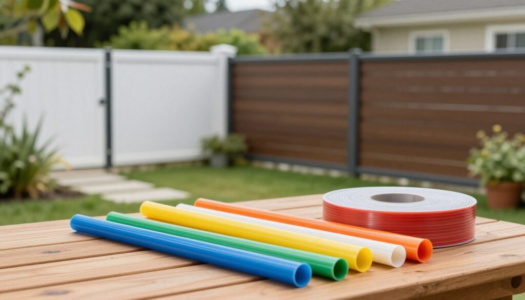 A vibrant outdoor scene illustrating various PVC strips designed for privacy fencing. The foreground features several rolls of colorful PVC strips displayed on a wooden table, showcasing their flexibility and texture. The middle ground includes a partially constructed fence made from these PVC strips, demonstrating how they can effectively block views while adding a modern aesthetic to the garden. In the background, a lush garden is visible under soft, natural lighting, enhancing the mood of tranquility and seclusion. The camera angle is slightly elevated, providing a clear view of both the PVC strips and the fence, encapsulating a fresh, synthetic solution for enhancing residential privacy. The atmosphere is calm and inviting, perfect for a serene outdoor space. A vibrant outdoor scene illustrating various PVC strips designed for privacy fencing. The foreground features several rolls of colorful PVC strips displayed on a wooden table, showcasing their flexibility and texture. The middle ground includes a partially constructed fence made from these PVC strips, demonstrating how they can effectively block views while adding a modern aesthetic to the garden. In the background, a lush garden is visible under soft, natural lighting, enhancing the mood of tranquility and seclusion. The camera angle is slightly elevated, providing a clear view of both the PVC strips and the fence, encapsulating a fresh, synthetic solution for enhancing residential privacy. The atmosphere is calm and inviting, perfect for a serene outdoor space.